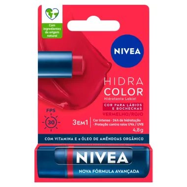 Hidratante Labial Nivea Hidra Color 3 em 1 FPS 30 Vermelho 4,8g