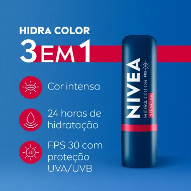Hidratante Labial Nivea Hidra Color 3 em 1 FPS 30 Vermelho 4,8g