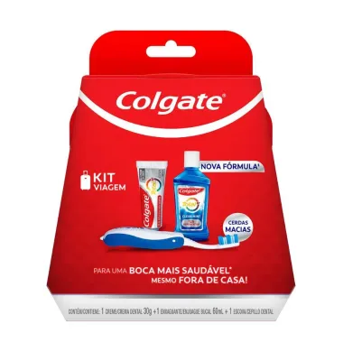 Kit Viagem Colgate 1 Creme Dental + 1 Enxaguante Bucal + 1 Escova Cerdas Macias