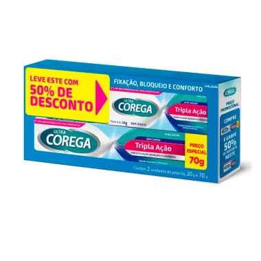Corega Ultra Creme Fixador de Dentadura Tripla Ação Sem Sabor 70g + 50% Desconto Corega Ultra 20g