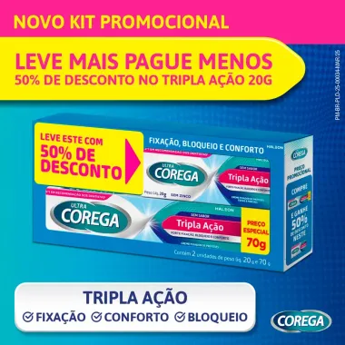 Corega Ultra Creme Fixador de Dentadura Tripla Ação Sem Sabor 70g + 50% Desconto Corega Ultra 20g
