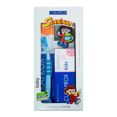 Escova Dental Curaprox Baby Azul + Creme Dental Kids e 1 Chaveirinho Baby Senninha