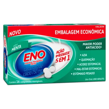 Eno 750mg Sabor Menta com 16 Comprimidos Mastigáveis Embalagem Econômica