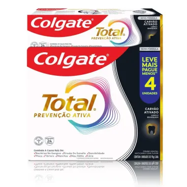 Creme Dental Colgate Total Preven&ccedil;&atilde;o Ativa Carv&atilde;o Ativado com Fl&uacute;or 4 Unidades de 90g cada