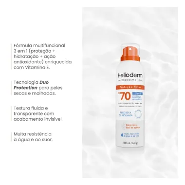 Protetor Solar Helioderm 3 em 1 FPS 70 Pele Seca ou Molhada Aerosol 200ml