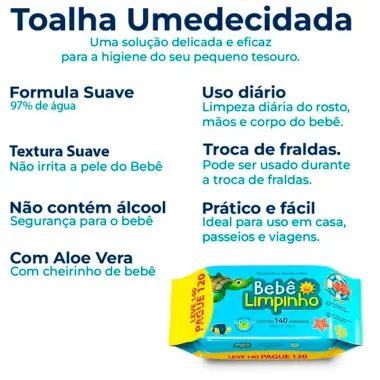 Toalhas Umedecidas Bebê Limpinho Leve 140 Pague 120 Unidades