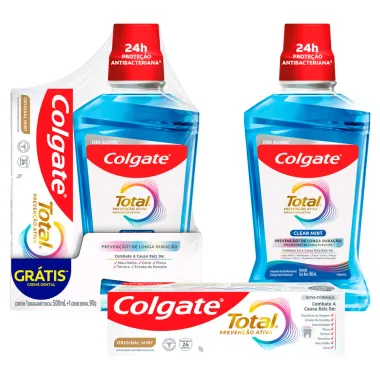 Kit Enxaguante Bucal Colgate Total Prevenção Ativa Clean Mint Zero Álcool 500ml e Ganhe Creme Dental Original Mint 90g