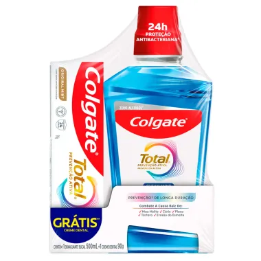 Kit Enxaguante Bucal Colgate Total Prevenção Ativa Clean Mint Zero Álcool 500ml e Ganhe Creme Dental Original Mint 90g