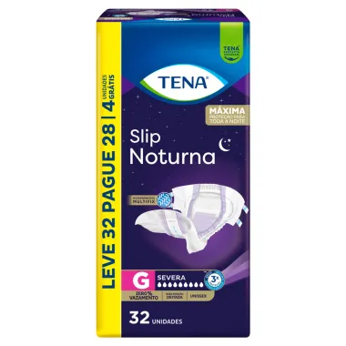 Fralda Geriátrica Tena Slip Noturna Tamanho G Leve 32 Pague 28 Unidades Descartáveis