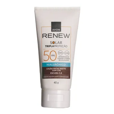 Protetor Solar Facial Tripla Proteção Avon Renew FPS 50 Loção Matte Hialurônico Cor Escura 5.0 40g