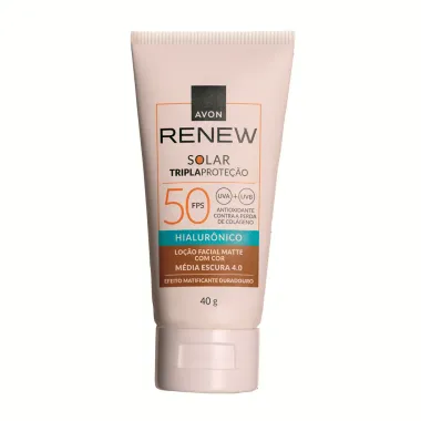 Protetor Solar Facial Tripla Proteção Avon Renew FPS 50 Loção Matte Hialurônico Cor Média Escura 4.0 40g