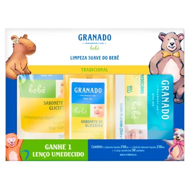 Kit Sabonete Liquido Glicerina Granado Bebe 250ml + Sabonete Glicerina Granado Refil 250ml + Lenço Umedecido 50 unidades