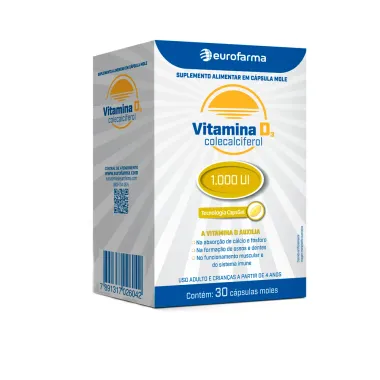 Vitamina D3 Colecalciferol 1000UI Eurofarma com 30 Cápsulas Moles