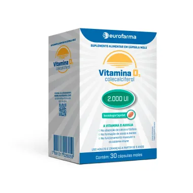 Vitamina D3 Colecalciferol 2000UI Eurofarma com 30 Capsulas Moles