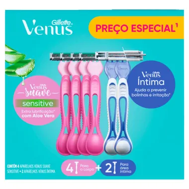 Aparelhos para Depilar Gillette Venus Suave Sensitive 4 Unidades e Aparelho Venus Íntima 2 Unidades Descartáveis