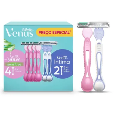 Aparelhos para Depilar Gillette Venus Suave Sensitive 4 Unidades e Aparelho Venus &Iacute;ntima 2 Unidades Descart&aacute;veis