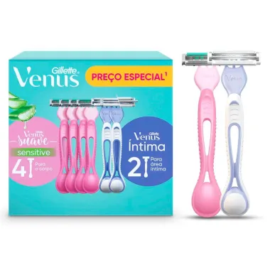Aparelhos para Depilar Gillette Venus Suave Sensitive 4 Unidades e Aparelho Venus &Iacute;ntima 2 Unidades Descart&aacute;veis
