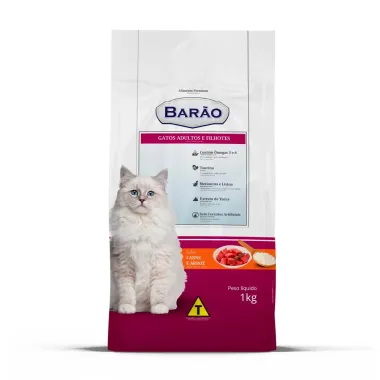 Ra&ccedil;&atilde;o para Gatos Bar&atilde;o Adultos e Filhotes Sabor Carne e Arroz 1Kg