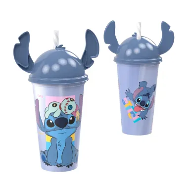 Copo Mió Stitch com Tampa Ludica Orelhinha e Canudo Desenhos Sortidos 500ml