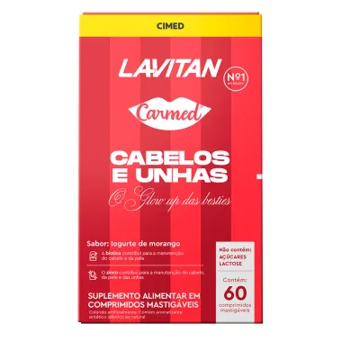 Lavitan Carmed O Glow Up Das Besties Cabelos e Unhas Sabor Iogurte de Morango 60 Comprimidos Mastigáveis
