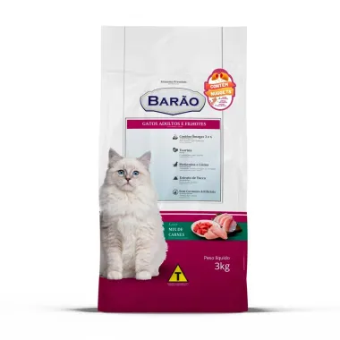 Ra&ccedil;&atilde;o para Gatos Bar&atilde;o Adultos e Filhotes Sabor Mix de Carne 3kg