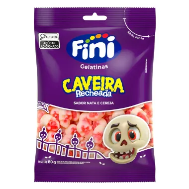 Bala de Gelatina Fini Caveira Recheada Sabor Nata e Cereja 80g