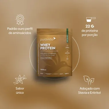 Whey Protein Puravida Isolated e Purified Sabor Vanilla com 22g de Prote&iacute;na 450g