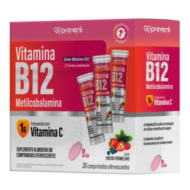 Vitamina B12 Prevent Sabor Frutas Vermelhas com 30 Comprimidos Efervescentes