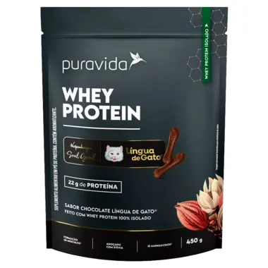 Whey Protein Puravida Sabor Chocolate Língua de Gato com 22g de Proteína Sachê 450g