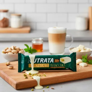 Barra de Proteína Nutrata Bacio Di Latte com 19g Proteína Sabor Pistacchio com Chocolate Branco 70g