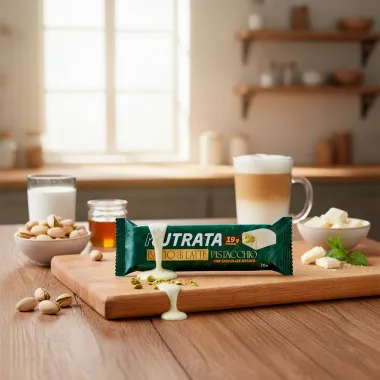 Barra de Proteína Nutrata Bacio Di Latte com 19g Proteína Sabor Pistacchio com Chocolate Branco 70g