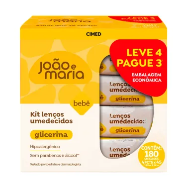 Kit Lenço Umedecido João e Maria Bebê Glicerina 4 Pacotes com 45 Unidades cada