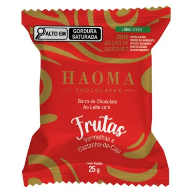 Barra de Chocolate Haoma Ao Leite Frutas Vermelhas e Castanha de Caju Zero Adi&ccedil;&atilde;o de A&ccedil;ucares 25g