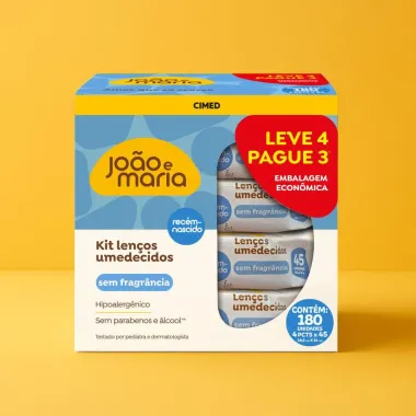 Len&ccedil;o Umedecido Sem Fragr&acirc;ncia Jo&atilde;o e Maria Leve 45 Unidades Cada - Leve 4 Pague 3
