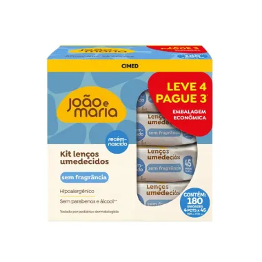 Lenço Umedecido Sem Fragrância João e Maria Leve 45 Unidades Cada - Leve 4 Pague 3