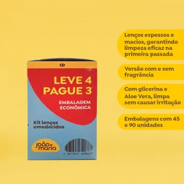 Len&ccedil;o Umedecido Sem Fragr&acirc;ncia Jo&atilde;o e Maria Leve 45 Unidades Cada - Leve 4 Pague 3