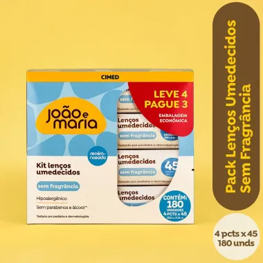 Len&ccedil;o Umedecido Sem Fragr&acirc;ncia Jo&atilde;o e Maria Leve 45 Unidades Cada - Leve 4 Pague 3