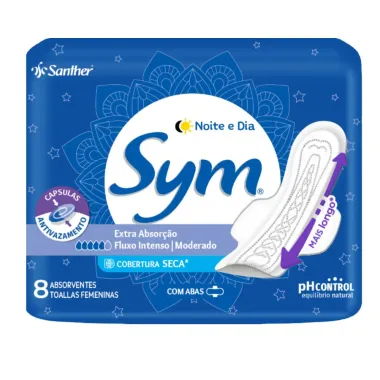 Absovernte Sym Noite e Dia Cobertura Seca Extra Absor&ccedil;&atilde;o Fluxo Intenso/Moderado com Abas 8 Unidades
