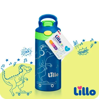 Garrafa Térmica Lill Kids Inox Dinossauro com Bebedor de Silicone 3+ Anos 350ml