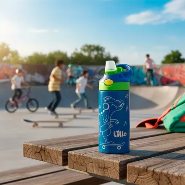 Garrafa Térmica Lill Kids Inox Dinossauro com Bebedor de Silicone 3+ Anos 350ml