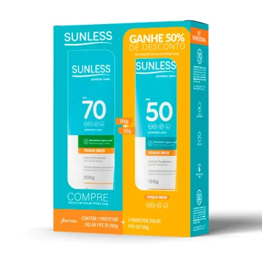Protetor Solar Sunless FPS 70 Toque Seco 200g e Ganhe 50% de Desconto no Protetor Solar Sunless FPS 50 Toque Seco 120g