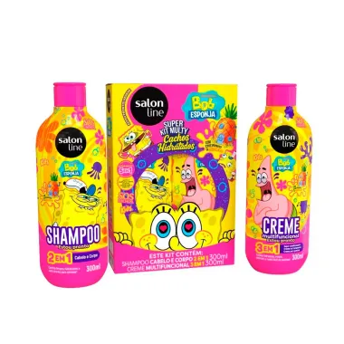 Kit Salon Line SOS Cachos Hidratados Bob Esponja Shampoo Cabelo e Corpo 2 em 1 300ml e Creme Multifuncional 3 em 1 300ml