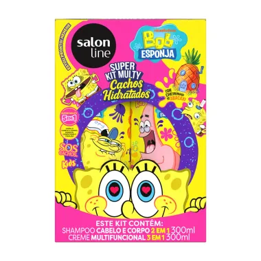 Kit Salon Line SOS Cachos Hidratados Bob Esponja Shampoo Cabelo e Corpo 2 em 1 300ml e Creme Multifuncional 3 em 1 300ml