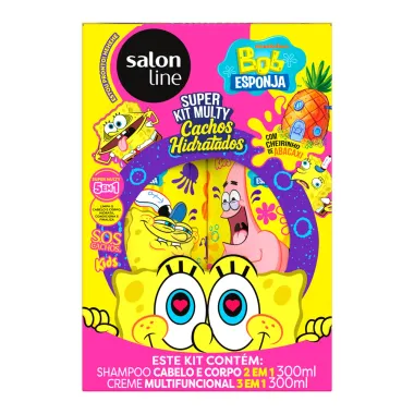 Kit Salon Line SOS Cachos Hidratados Bob Esponja Shampoo Cabelo e Corpo 2 em 1 300ml e Creme Multifuncional 3 em 1 300ml