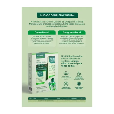 Enxaguante Bucal Boni Natural Menta e Melaleuca Sem Flúor 250ml e Creme Dental Menta e Melaleuca Sem Flúor 90g