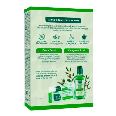 Enxaguante Bucal Boni Natural Menta e Melaleuca Sem Flúor 250ml e Creme Dental Menta e Melaleuca Sem Flúor 90g
