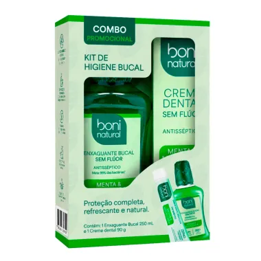 Enxaguante Bucal Boni Natural Menta e Melaleuca Sem Flúor 250ml e Creme Dental Menta e Melaleuca Sem Flúor 90g