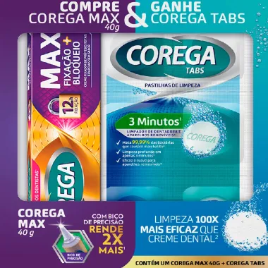 Corega Max Creme Fixador sem Sabor 40g e Ganhe Corega Tabs Pastilhas de Limpeza 3 Minutos