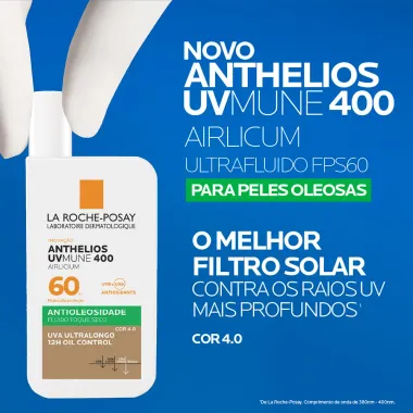 Protetor Solar Anthelios UVMune 400 Airlicium FPS 60 Antioleosidade Fluido Toque Seco Cor 4.0 40ml