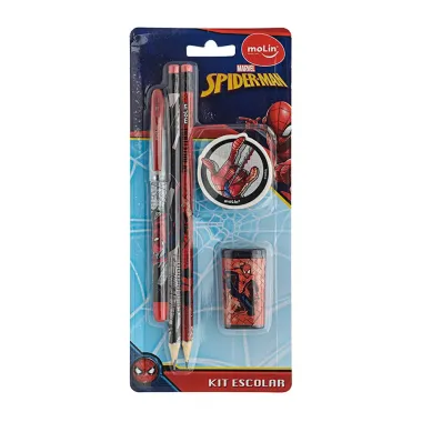 Kit Escolar Marvel Spider Man Molin com 1 Caneta Azul 2 L&aacute;pis Grafite 1 Borracha e 1 Apontador Cores Sortidas